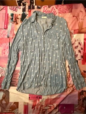 Twee Blue Button-Up Shirt with White Bird Print